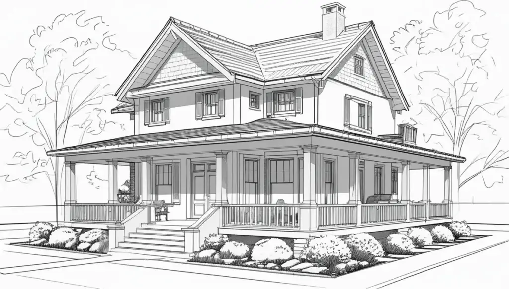 Step-by-Step Guide to Drawing a Large House with a Porch and Garden