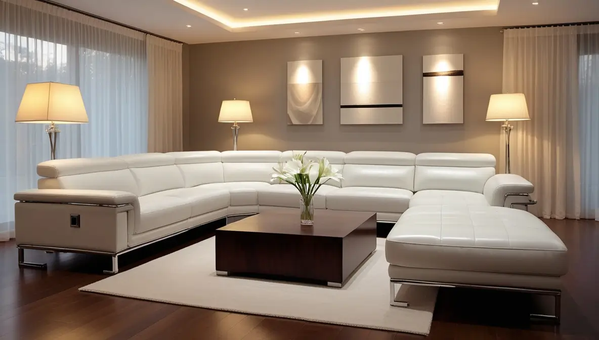 Living Room With White Leather Couch