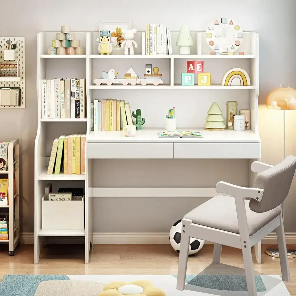 Kid's Desk & Chair Set with Bookshelf & Drawers, Modern White, 51.2(L) x 19.7(W) x 52.8(H) inches, Computer Workstation & Writing Desk