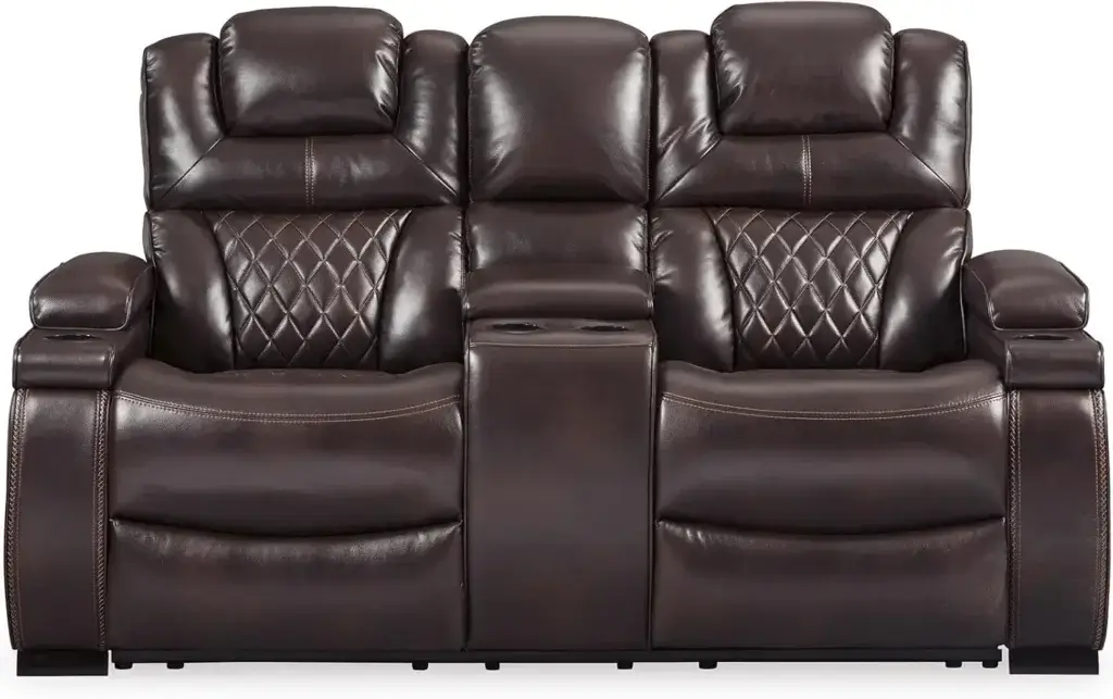 Signature Design by Ashley Warnerton Faux Leather Power Reclining Loveseat with Center Console, Brown